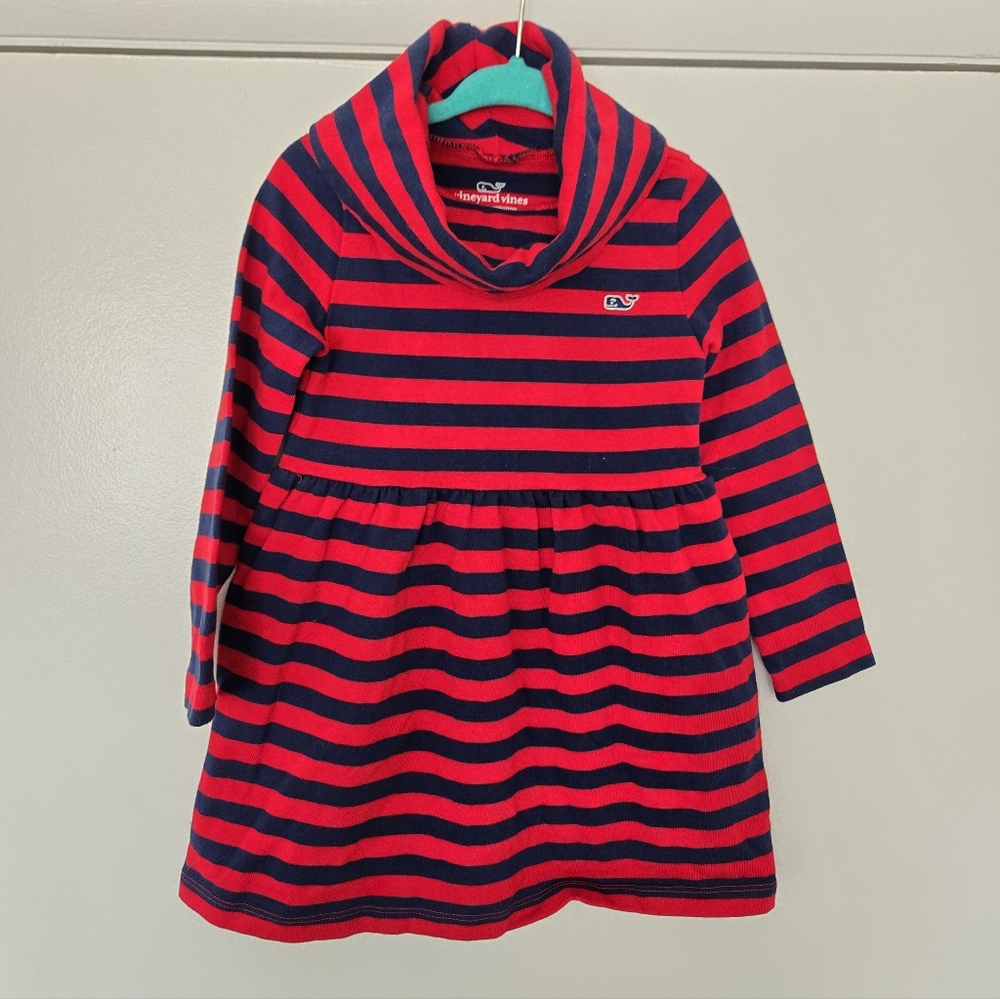 Vineyard Vines 100% Cotton Red And Blue Stripe Turtleneck Dress Size 2T